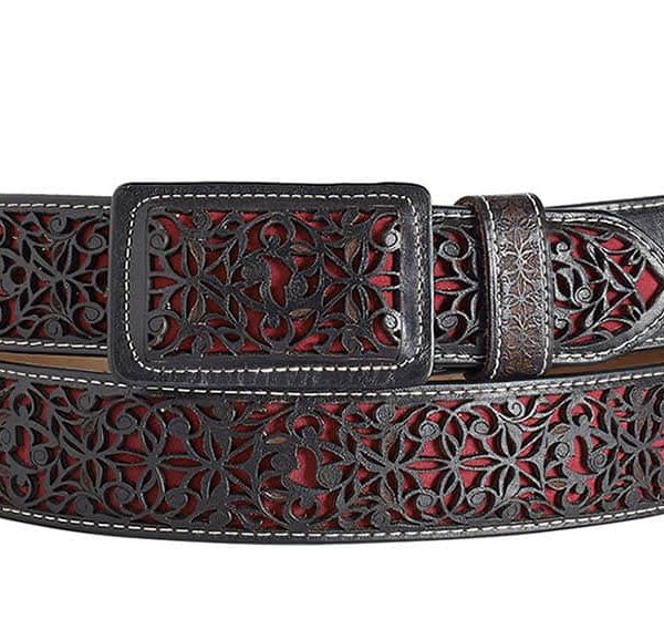 ESTAMPIDA Western Leather Belt – Black/Red