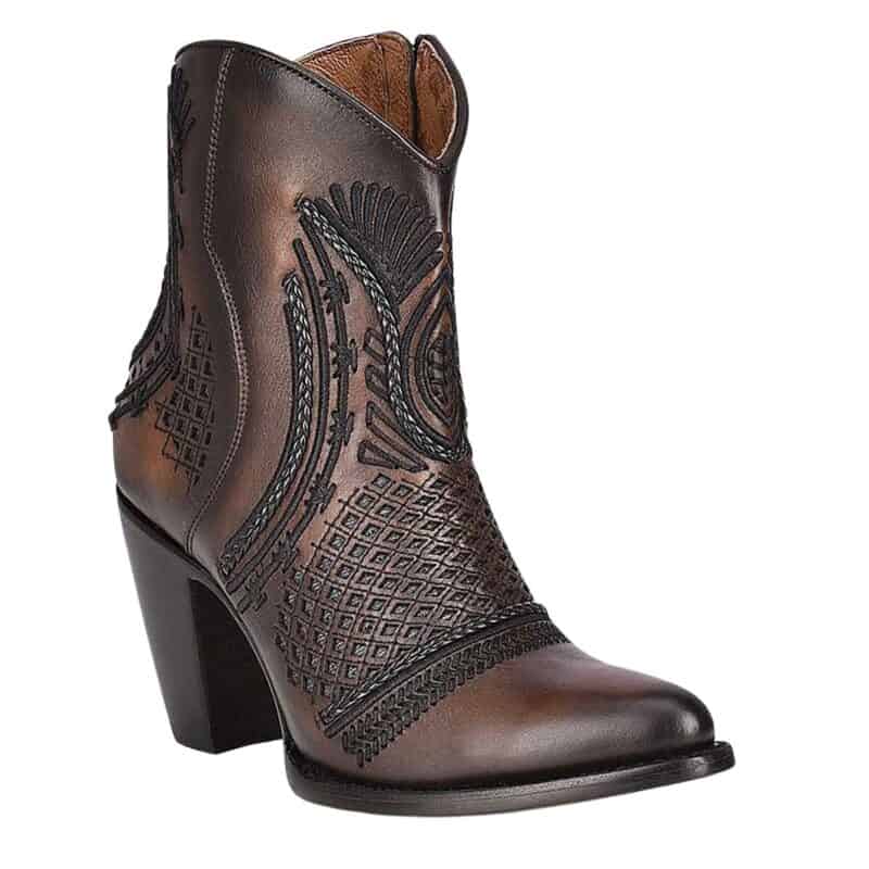 Artisan embroidered brown leather bootie