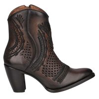 Artisan embroidered brown leather bootie