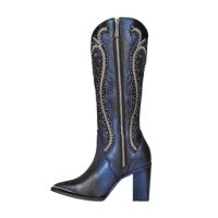 Cuadra Ladies Studded Embroidered Tall Western Style Blued Boots CU727 - 4i09rs