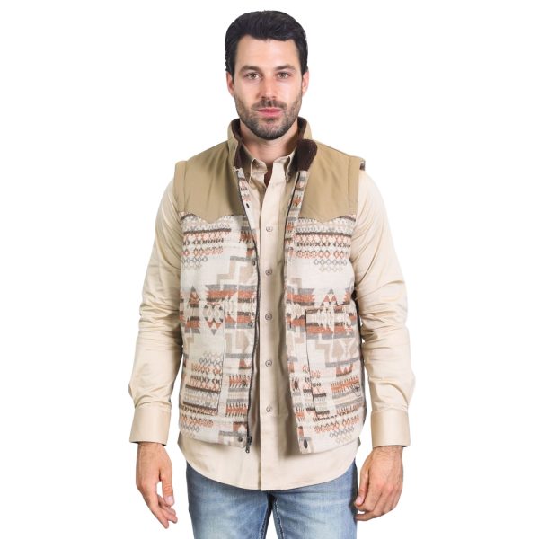 Mens Ethnic Aztec Quilted Fur Lined Beige Vest - AZV10336