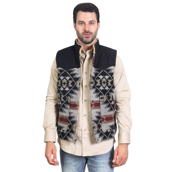 Mens Ethnic Aztec Quilted Fur Lined Black/Khaki Vest - AZV10341