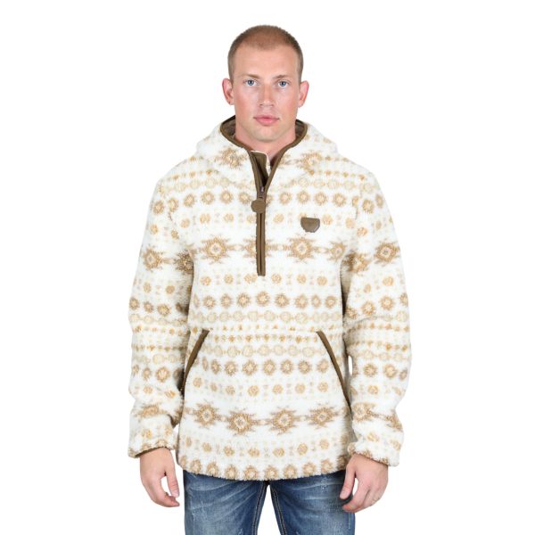 Mens Aztec Sherpa Hooded Pullover Cream - SWT9455