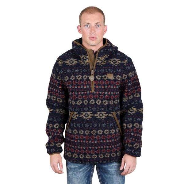 Mens Aztec Sherpa Hooded Pullover Black - SWT9456