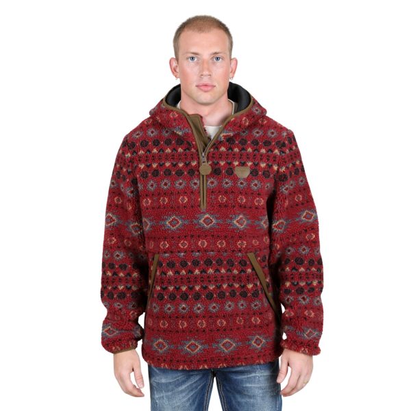 Mens Aztec Sherpa Hooded Pullover Burgundy - SWT9457