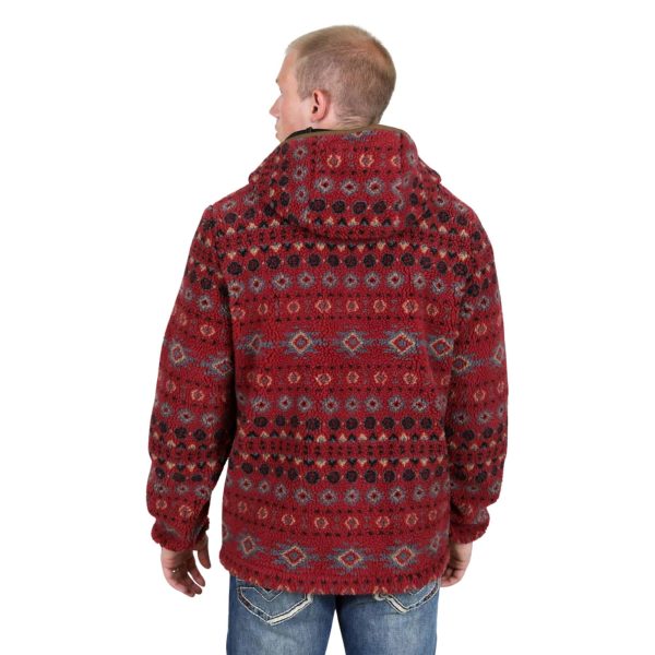 Mens Aztec Sherpa Hooded Pullover Burgundy - SWT9457