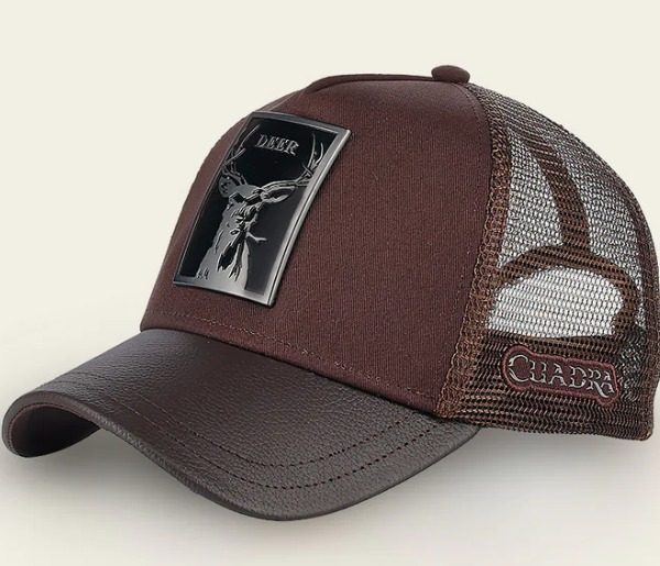 Dark brown deer metal patch leather cap CC115