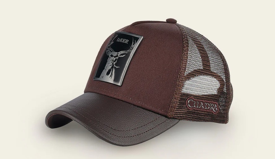 Dark brown deer metal patch leather cap CC115