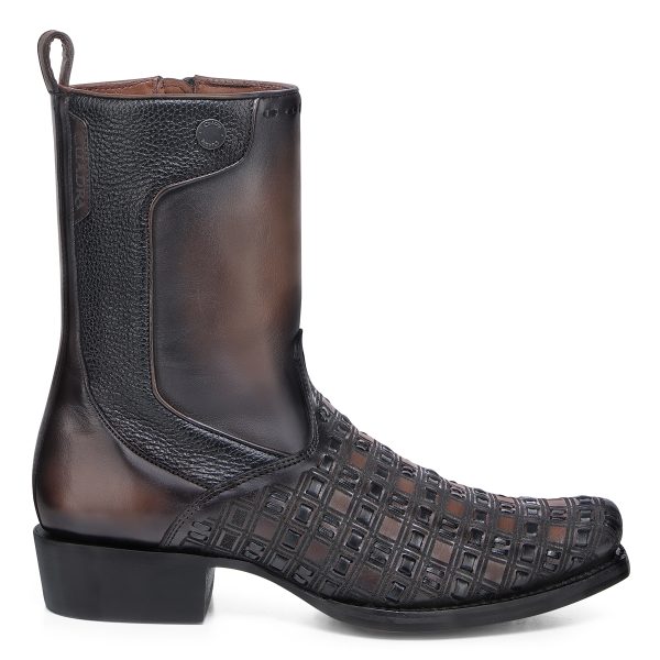 MN CHOCOLATE & BLACK LASER & WOVEN & ZIPPER NARROW SQUARE TOE