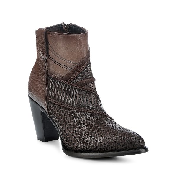 LD BROWN LASER & EMBROIDERY & STUDS & ZIPPER ROUND TOE