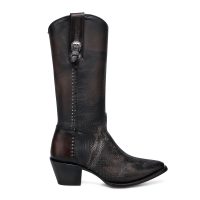 CUADRA Women's Chocolate Textured Laser & Embroidery Studs Zipper Pointed Toe Western Boot