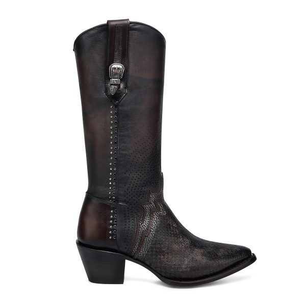 CUADRA Women's Chocolate Textured Laser & Embroidery Studs Zipper Pointed Toe Western Boot