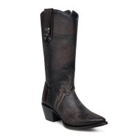 CUADRA Women's Chocolate Textured Laser & Embroidery Studs Zipper Pointed Toe Western Boot