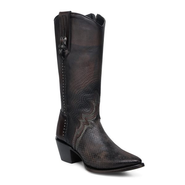 CUADRA Women's Chocolate Textured Laser & Embroidery Studs Zipper Pointed Toe Western Boot