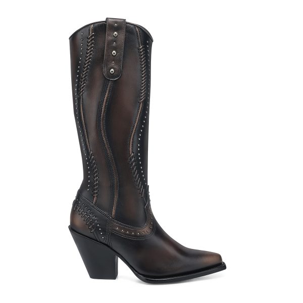 CUADRA Women's Chocolate Vintage Zipper & Woven & Studs Snip Toe Western Boot