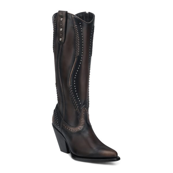 CUADRA Women's Chocolate Vintage Zipper & Woven & Studs Snip Toe Western Boot