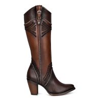 CUADRA Women's Damasco Chocolate Laser & Embroidery Studs Pointed Toe Western Boot