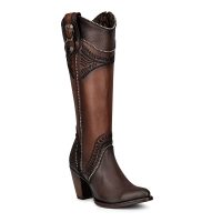 CUADRA Women's Damasco Chocolate Laser & Embroidery Studs Pointed Toe Western Boot