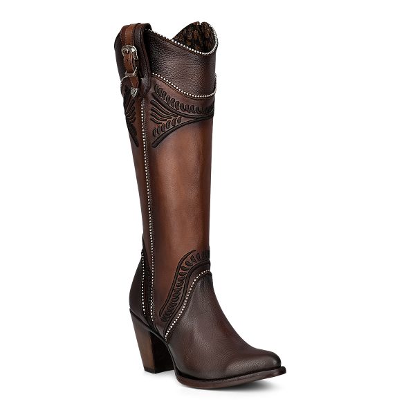 CUADRA Women's Damasco Chocolate Laser & Embroidery Studs Pointed Toe Western Boot