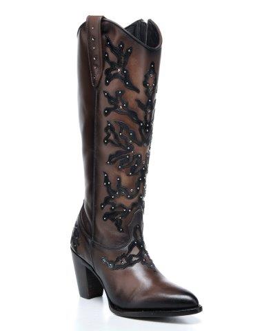 Chocolate Crystal Embroidered Zipper Boots